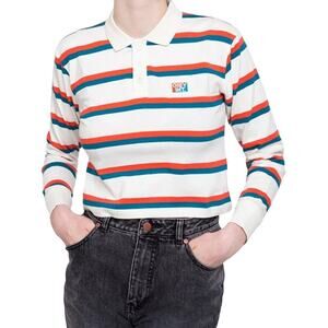 Obey Glenview Polo Crop Top Striped Logo Long Sleeve 100% Cotton Multicolor S